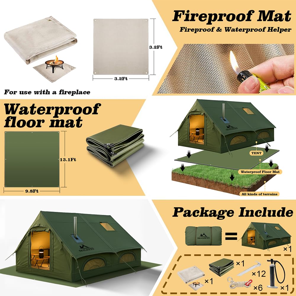 Included accessories package for the Senleeto inflatable glamping tent, featuring manual pump, pegs, ropes, and bag.