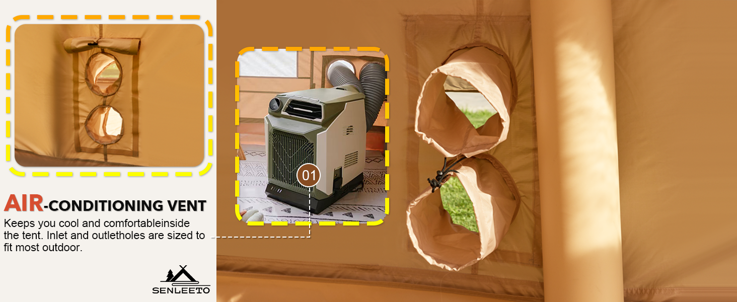 Senleeto tent dual air-conditioning ports showing inlet and outlet vents for portable AC units, keeping interiors cool.