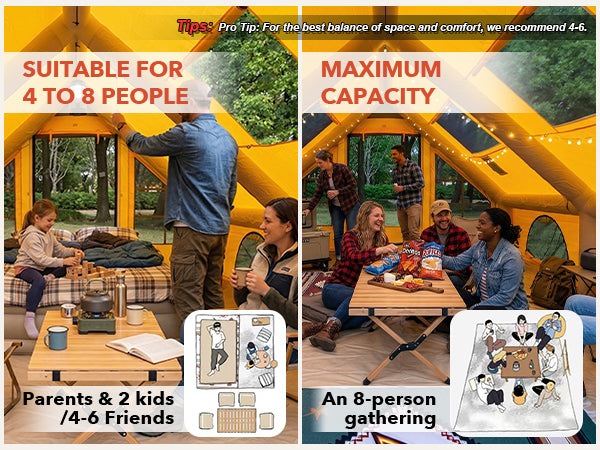 nside the Senleeto large inflatable tent. Shows optimal setup for a family, and max capacity for an 8-person party.