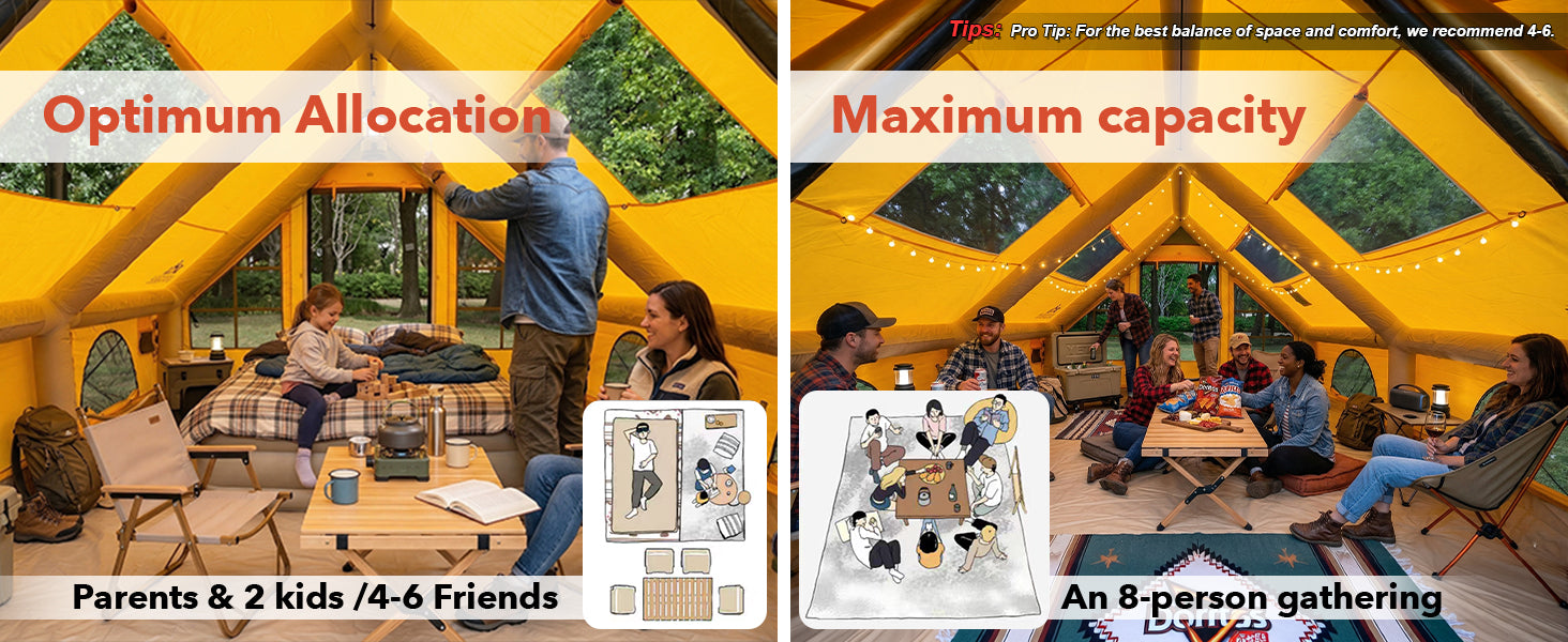 Senleeto inflatable tent interior showing capacity. Optimum for 4-6 family members or max 8-person group gathering.