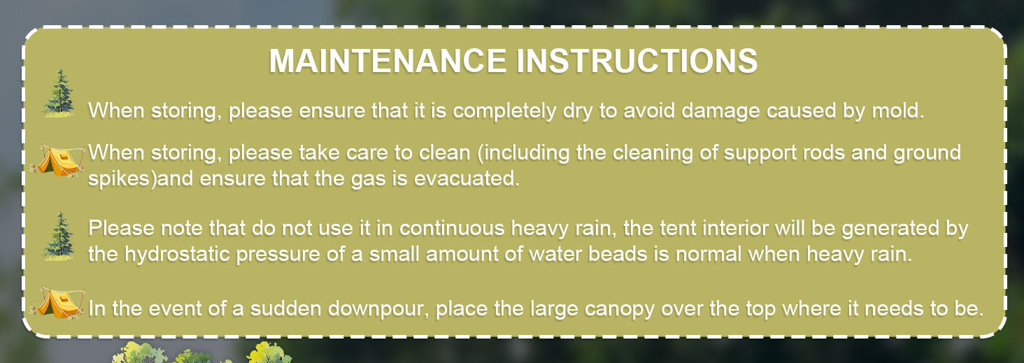 Care instructions for Senleeto inflatable tents: mold prevention, storage cleaning, and heavy rain canopy usage.