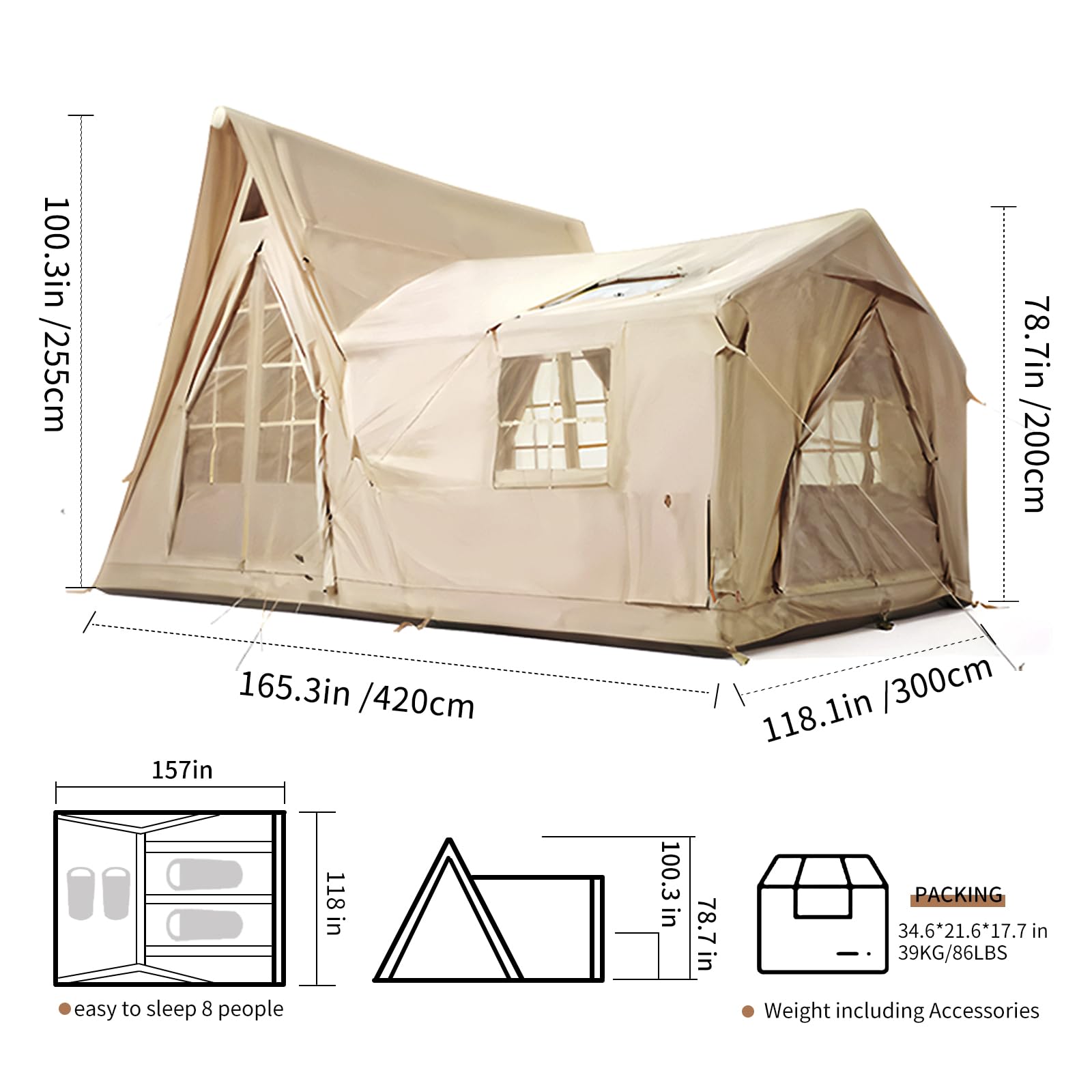 Dimensions of Senleeto inflatable tent: 165.3" L x 118.1" W x 100.3" H, shown with a clear floor plan view.