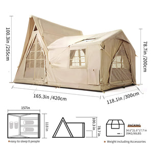 Dimensions of Senleeto inflatable tent: 165.3" L x 118.1" W x 100.3" H, shown with a clear floor plan view.