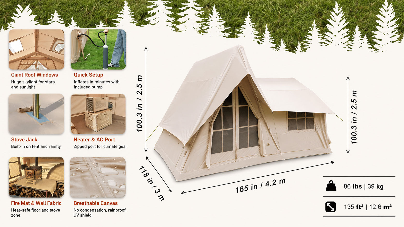 Senleeto inflatable tent specs: 165x118in, 135 sq ft area, 86 lbs. Features stove jack, AC port, and giant roof windows.