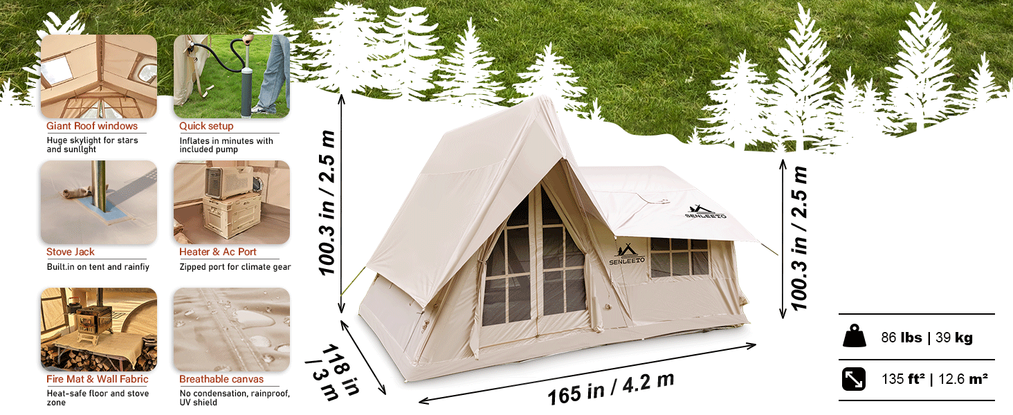 Senleeto inflatable tent specs: 165x118in, 135 sq ft area, 86 lbs. Features stove jack, AC port, and giant roof windows.