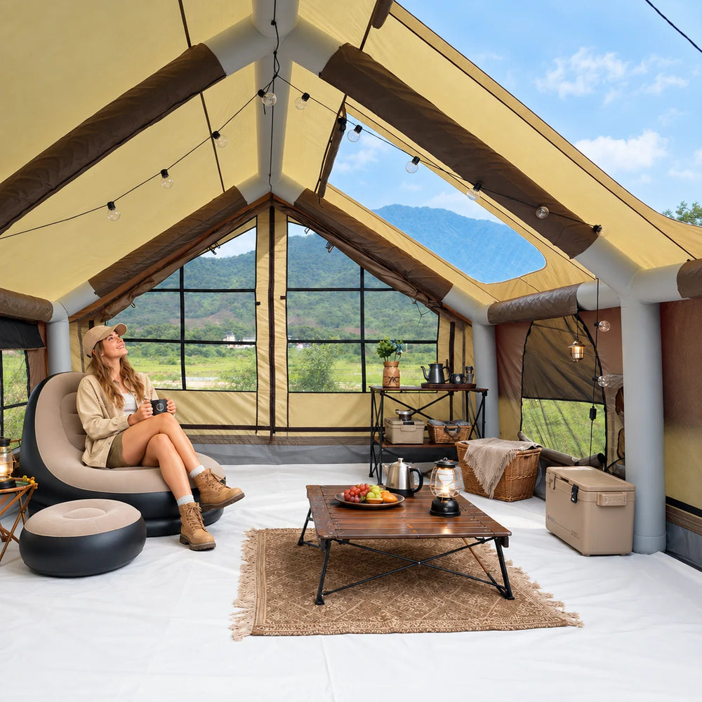 Senleeto inflatable tent interior with extra-large skylight and panoramic windows