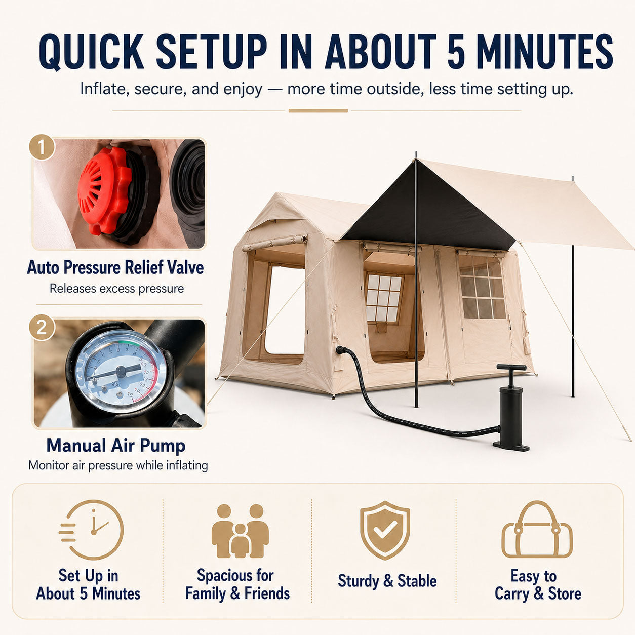 Fast 5-minute setup using Senleeto manual air pump and relief valve.