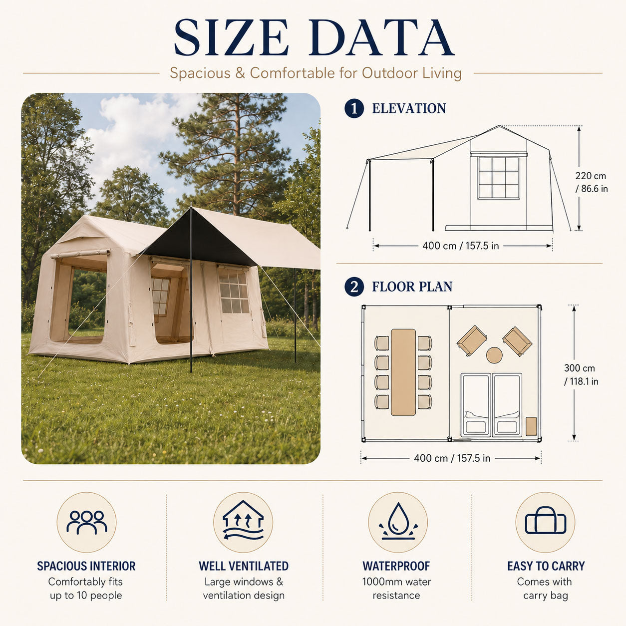 Layout of Senleeto inflatable tent with 129 sq ft space and canopy.