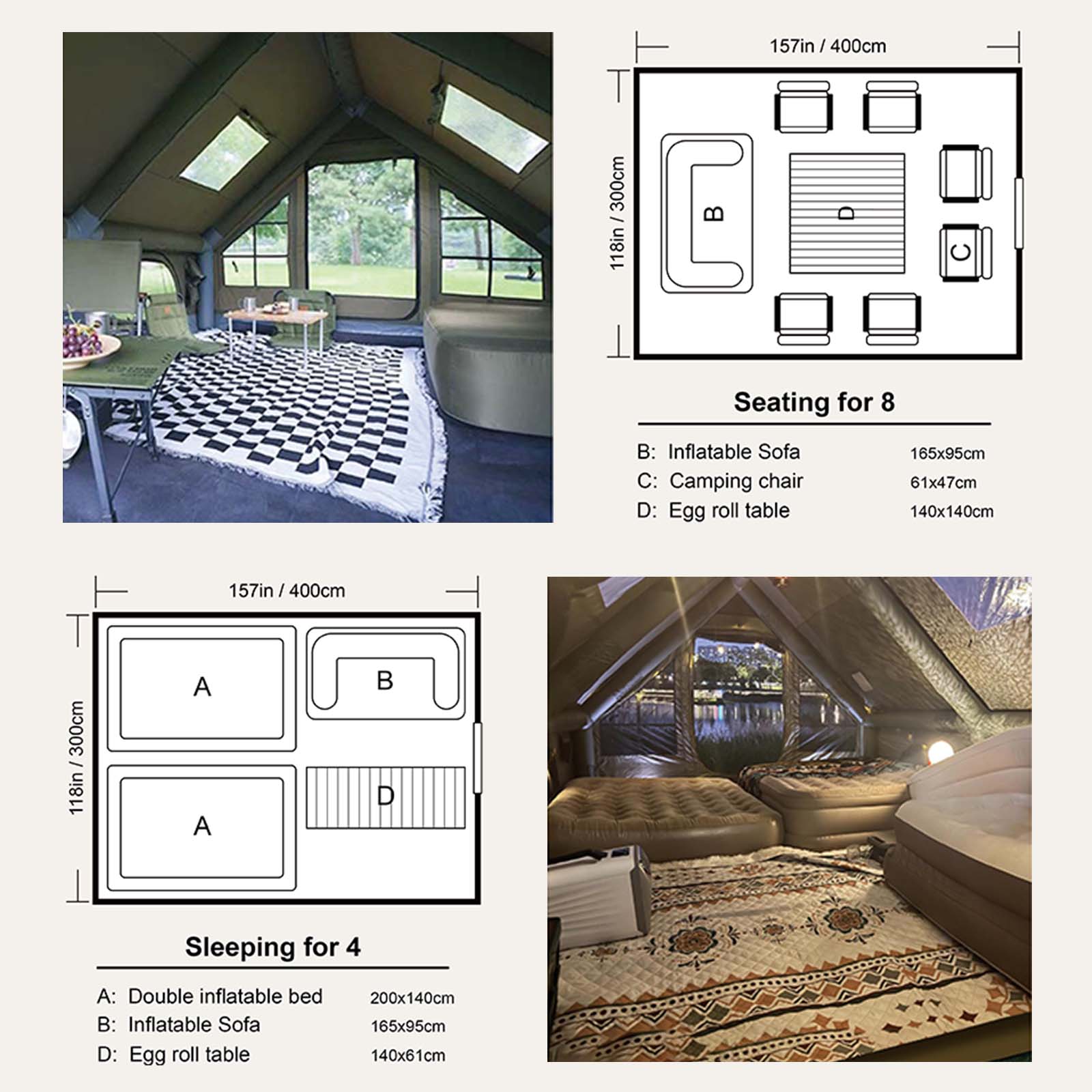 Floor plan for Senleeto 13x10ft inflatable tent. Shows seating for 8 & sleeping for 4 configurations with furniture.
