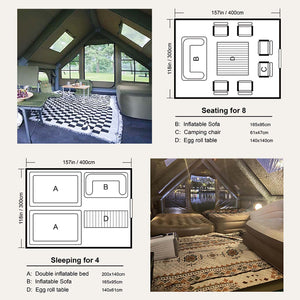 Floor plan for Senleeto 13x10ft inflatable tent. Shows seating for 8 & sleeping for 4 configurations with furniture.