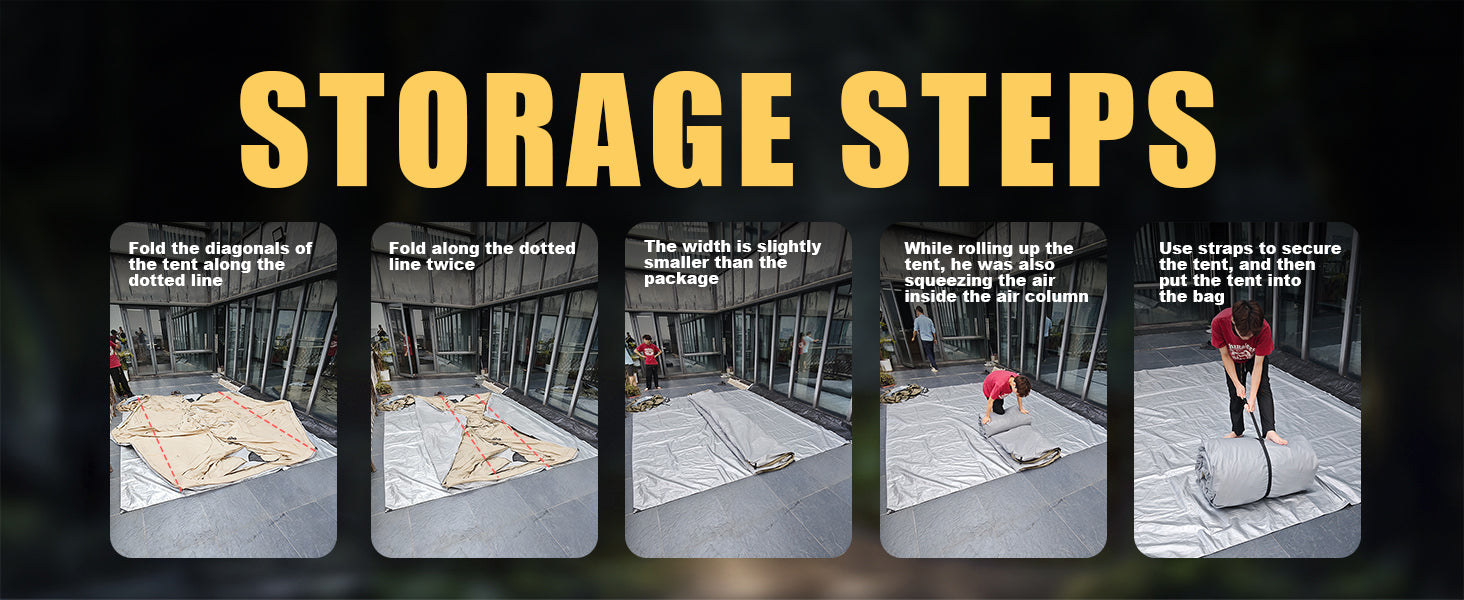 Clear instructions on how to fold, deflate, and pack the Senleeto inflatable dome tent into its storage bag.