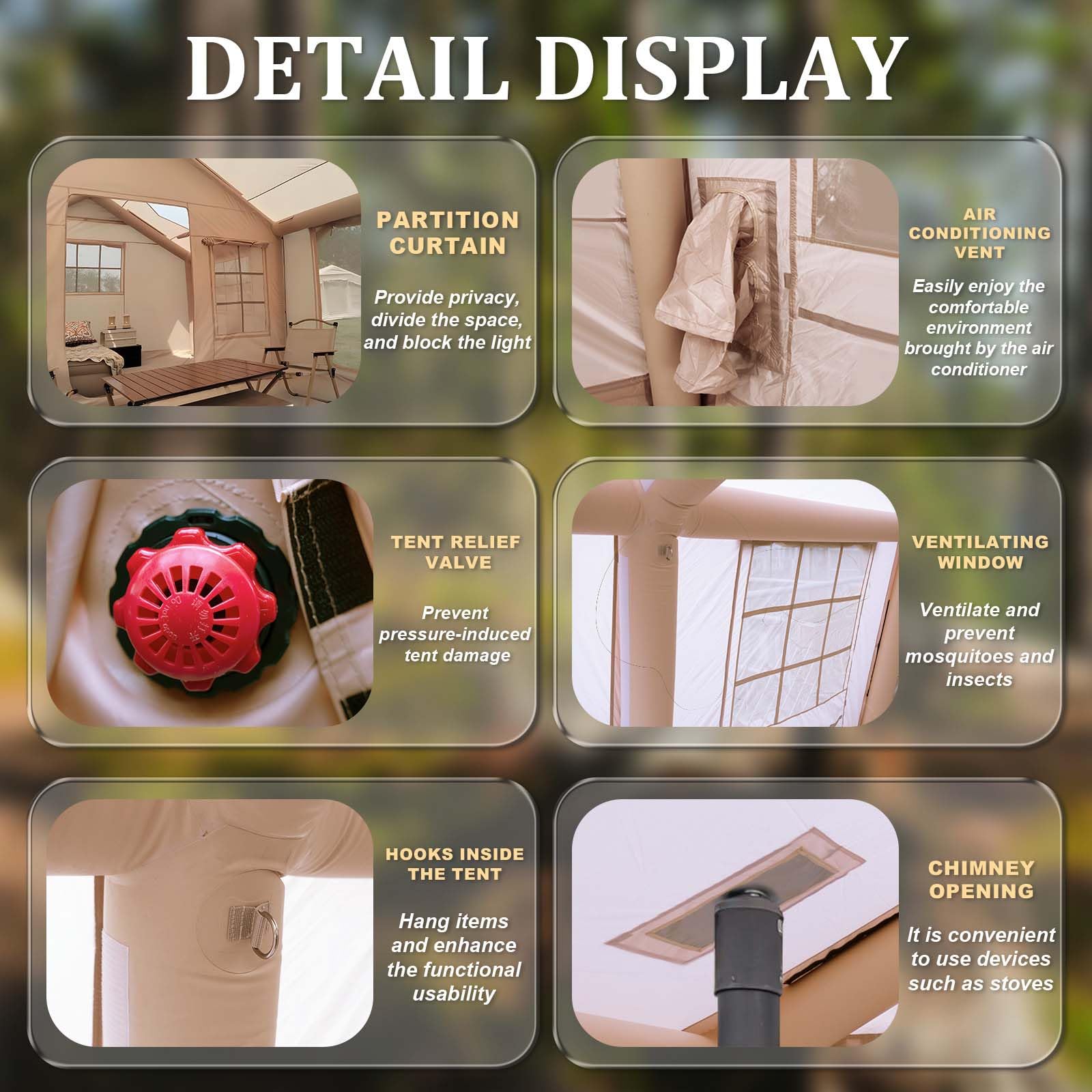 Senleeto tent close-ups: pressure relief valve, partition curtain, internal hooks, vent window, chimney opening.