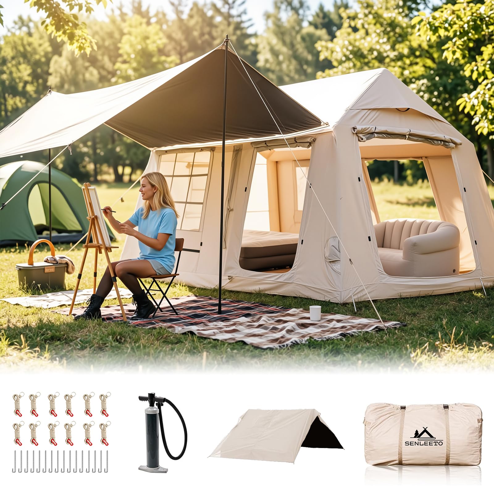 Woman by Senleeto tent showing included accessories: manual pump, pegs, guylines, and carry bag.