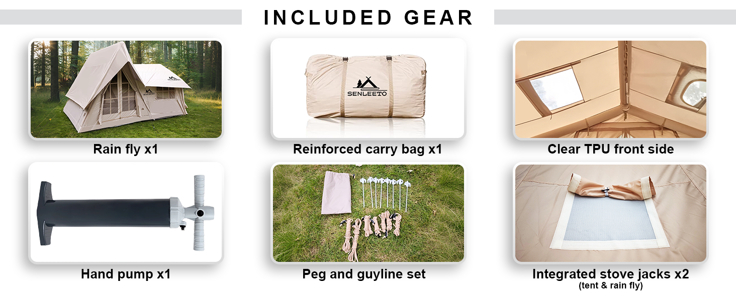 Everything included with Senleeto tent: rain fly, reinforced carry bag, TPU front, hand pump, pegs, and dual stove jacks.