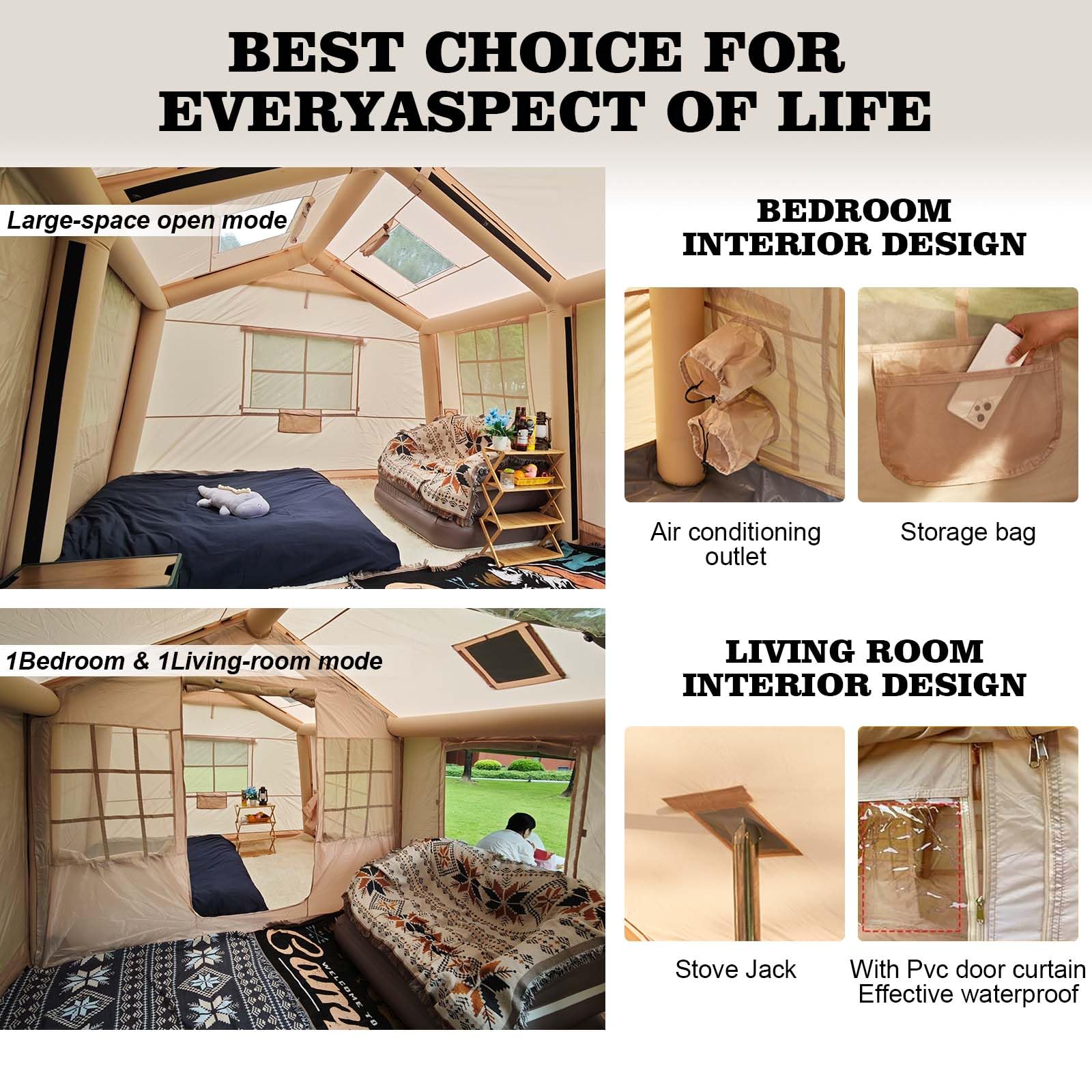 Senleeto inflatable tent interior: cozy bedroom with AC outlet and spacious living room with stove jack.