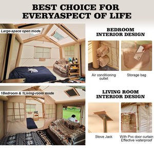 Senleeto inflatable tent interior: cozy bedroom with AC outlet and spacious living room with stove jack.