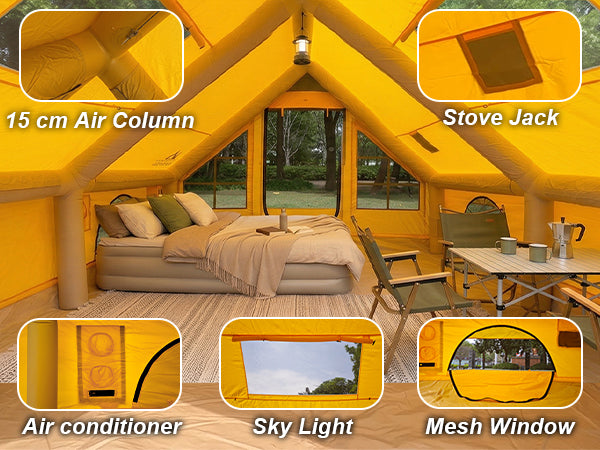 Inside the Senleeto inflatable tent highlighting a skylight, AC port, stove jack, and large mesh windows.
