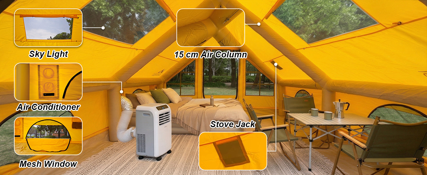 Senleeto inflatable tent interior features including skylight, mesh windows, stove jack, and AC port.