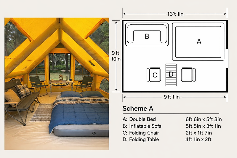 Floor plans for Senleeto large inflatable tent. Shows two spacious interior room layouts with beds, chairs and tables