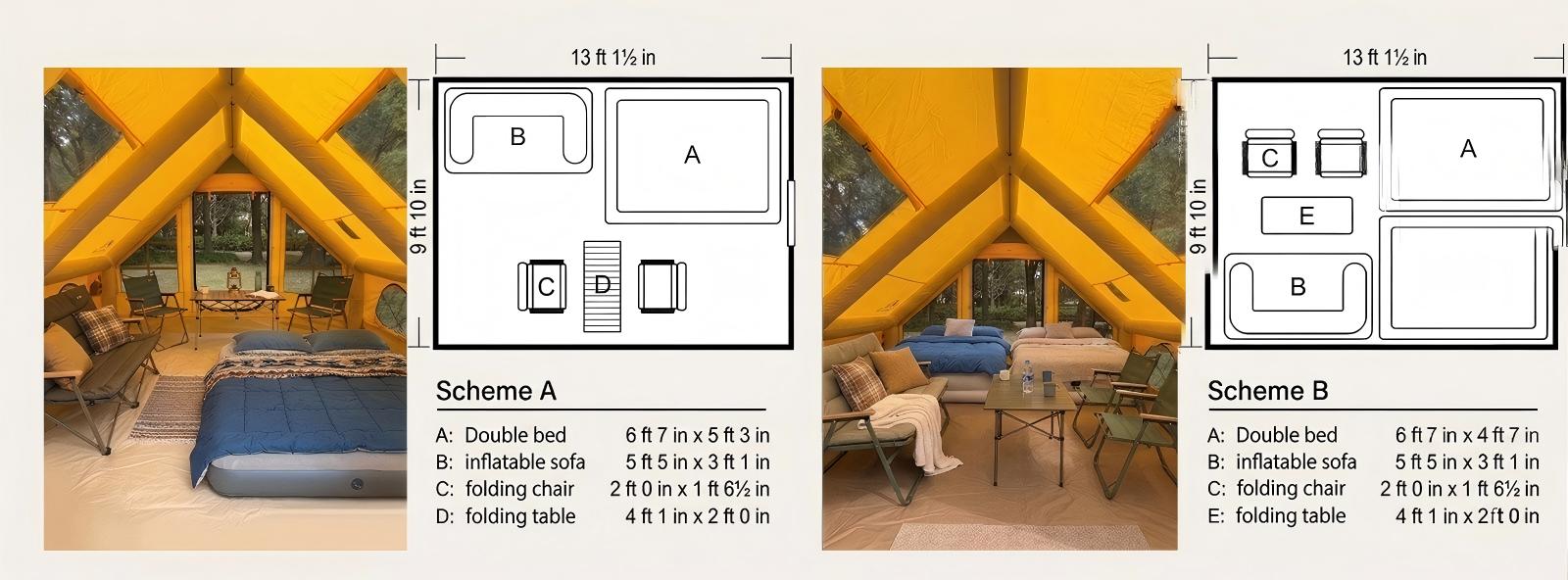 Senleeto 13x10 inflatable tent interior layout plans. Shows two camping setups fitting double beds and inflatable sofas.