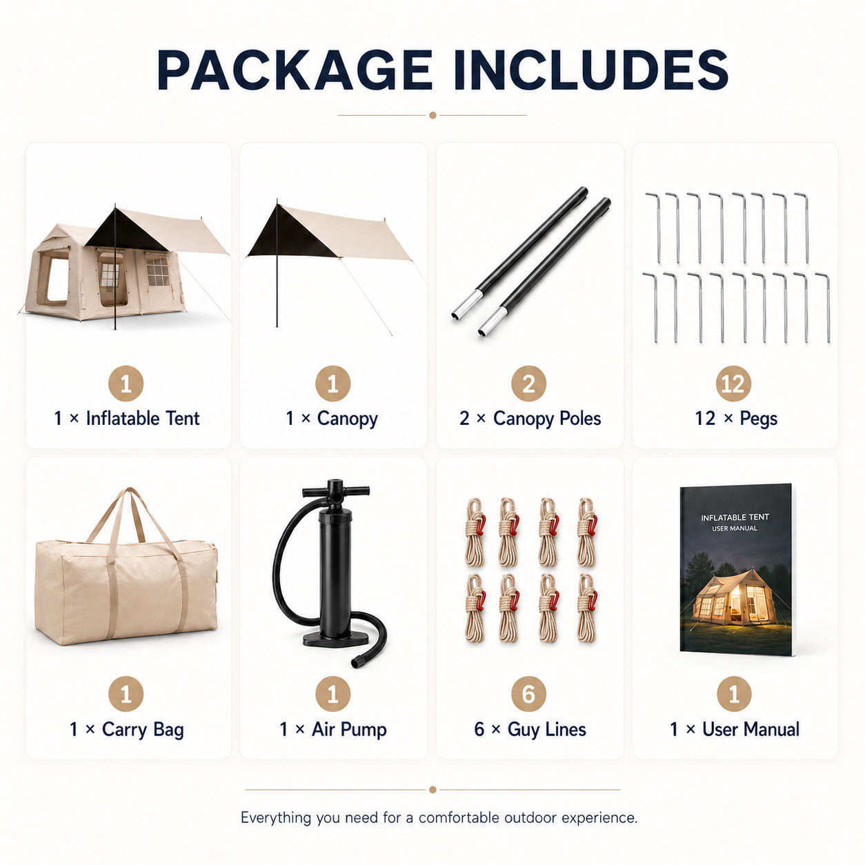 Package includes Senleeto tent, canopy, pump, pegs, poles, and carry bag.
