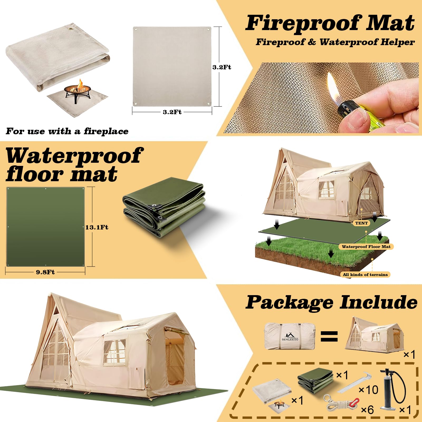 Senleeto tent package: storage bag, waterproof/fireproof mats, manual pump, pegs, and wind ropes included.