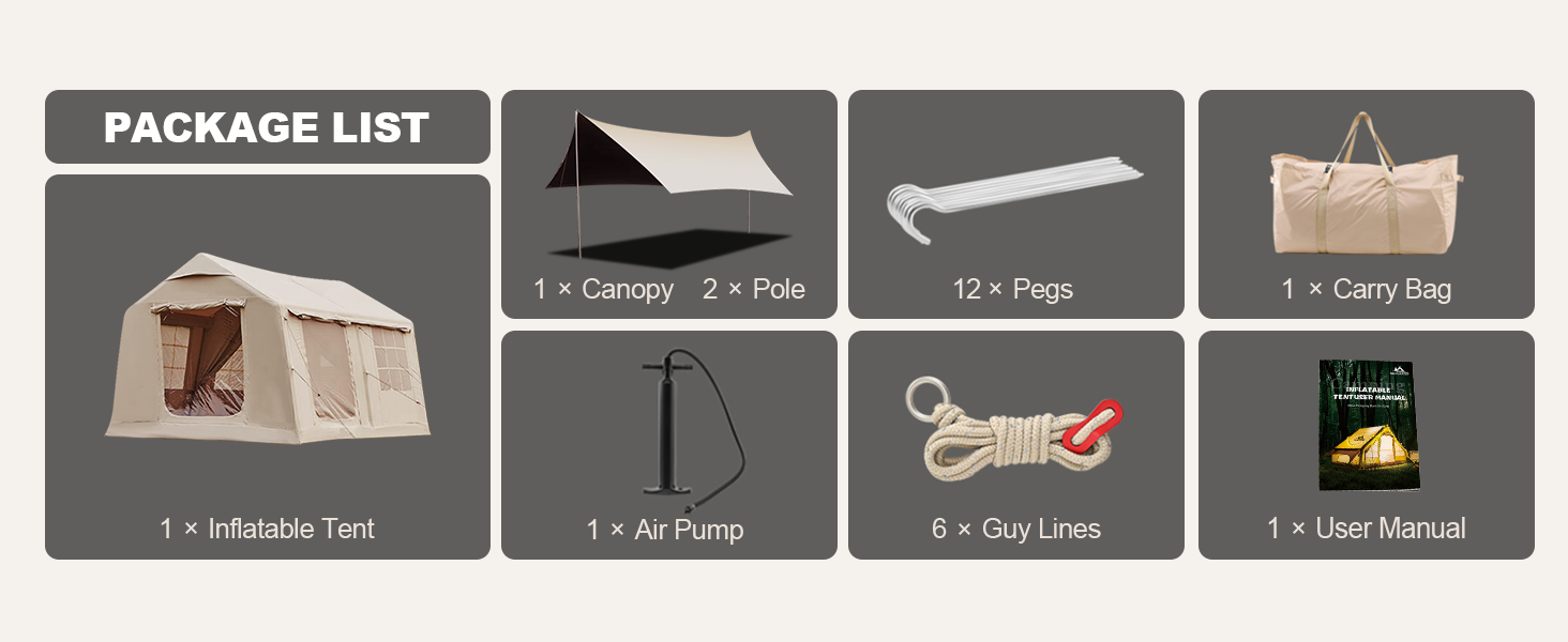 Package list for Senleeto beige inflatable tent: includes canopy, poles, 12 pegs, carry bag, pump, and guy lines.