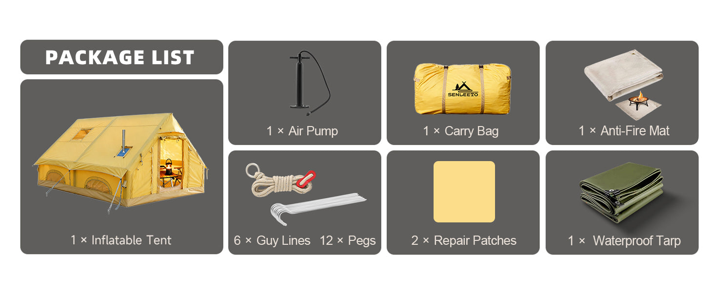 Senleeto inflatable tent package list including tent, air pump, carry bag, anti-fire mat, guy lines, pegs, and tarp.
