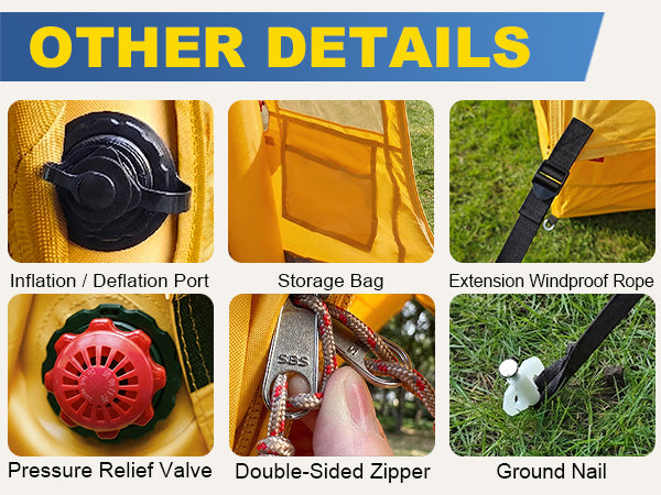 High-quality details of Senleeto inflatable tents, featuring ground nails, valves, and durable double zippers.
