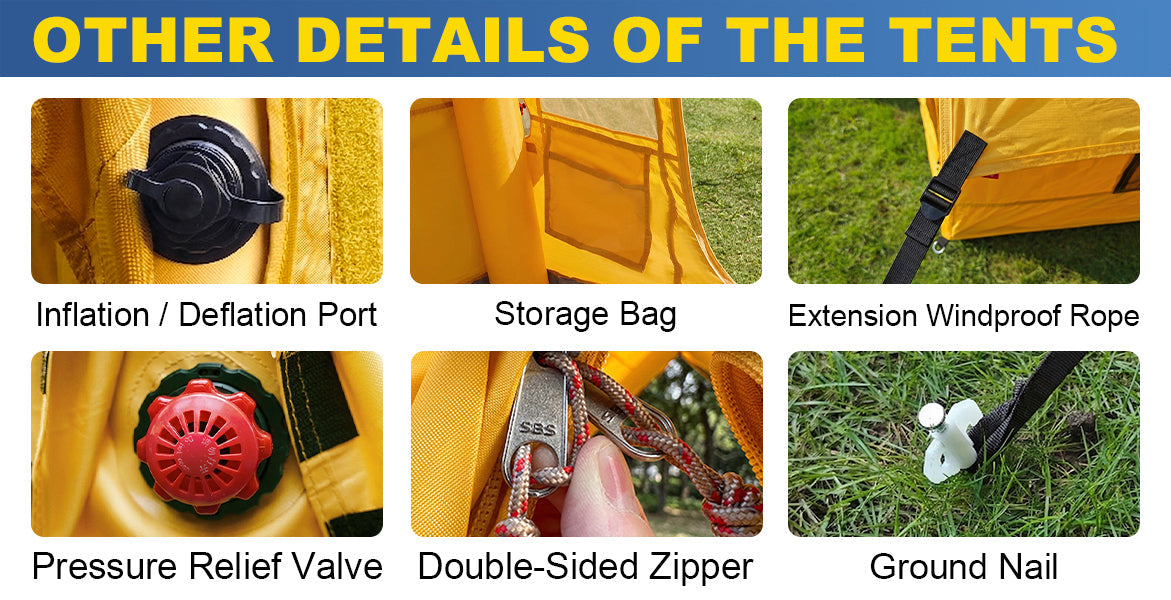 Senleeto inflatable tent details: double-sided zippers, pressure relief valves, windproof ropes, and storage bags.