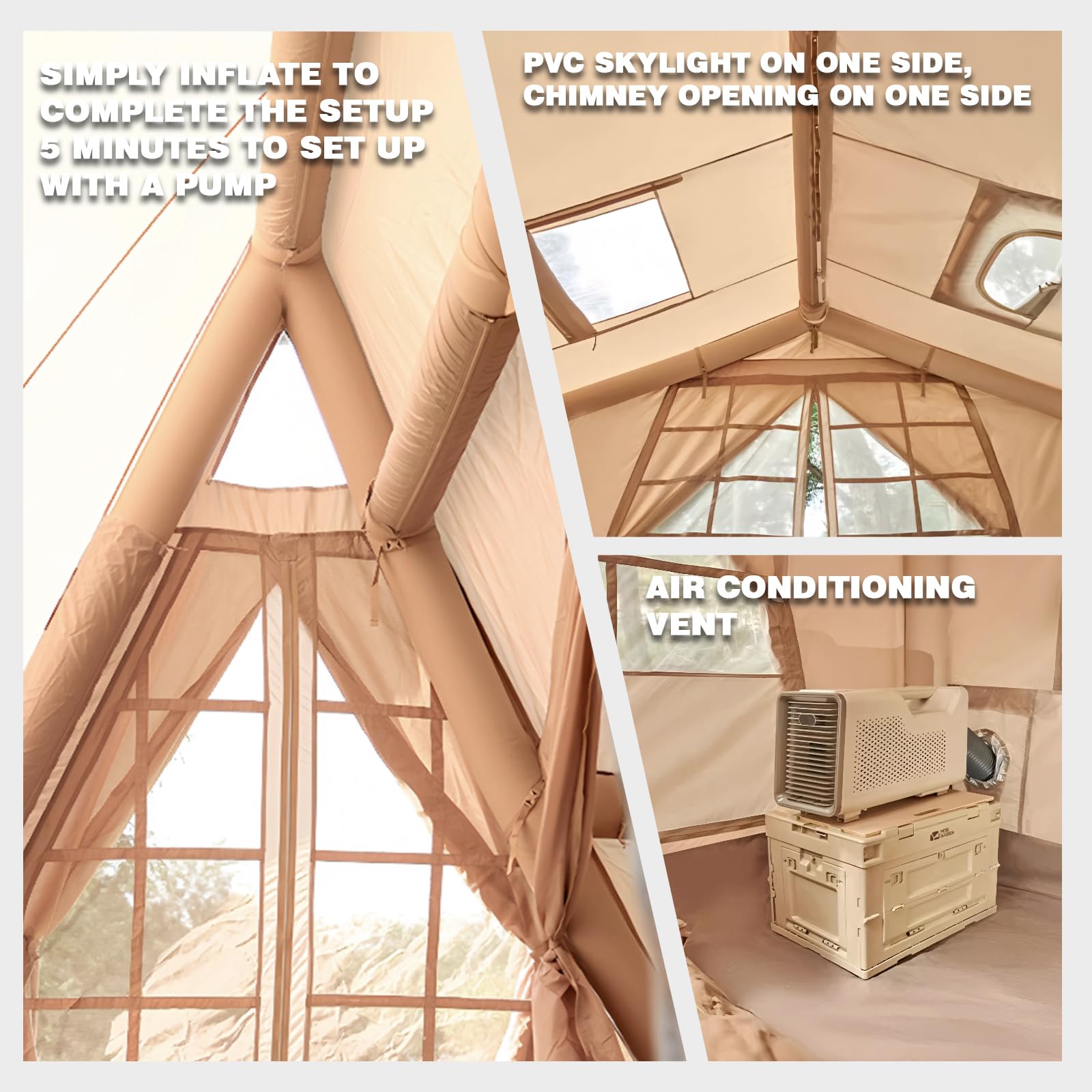 Senleeto inflatable tent details: 5-minute easy pump setup, built-in AC vent, and clear PVC skylight.
