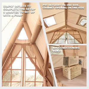 Senleeto inflatable tent details: 5-minute easy pump setup, built-in AC vent, and clear PVC skylight.