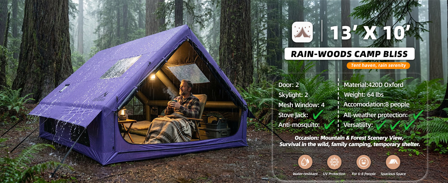 Man drinking coffee inside a waterproof 13x10 ft Senleeto purple inflatable tent during a forest rainstorm.