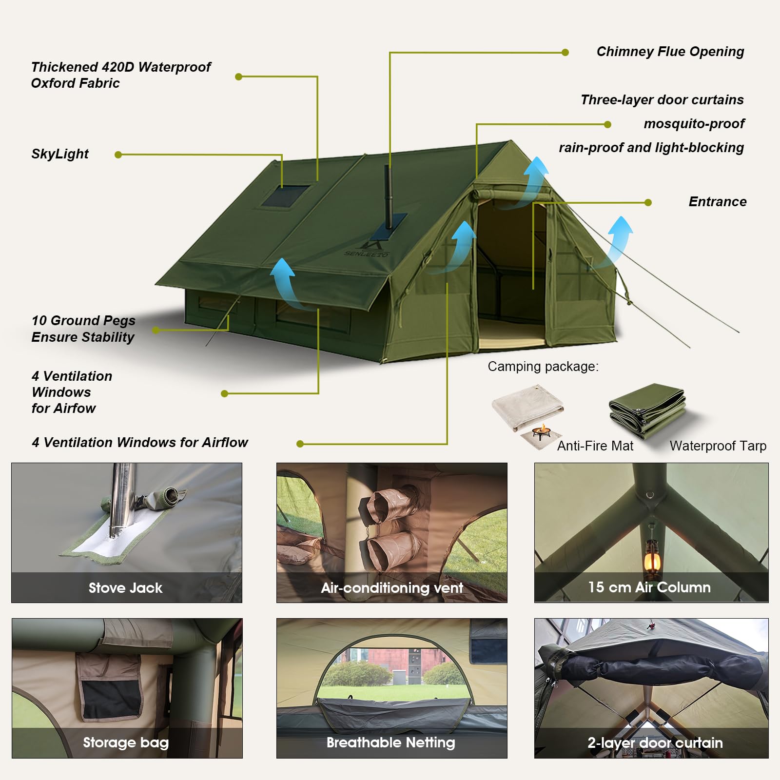 Senleeto 4-season tent features: 420D waterproof Oxford fabric, 15cm reinforced air columns, stove jack, and AC vent.