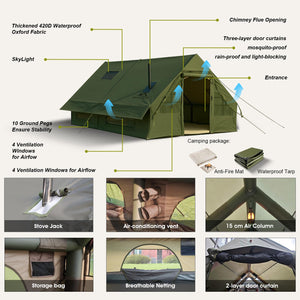 Senleeto 4-season tent features: 420D waterproof Oxford fabric, 15cm reinforced air columns, stove jack, and AC vent.