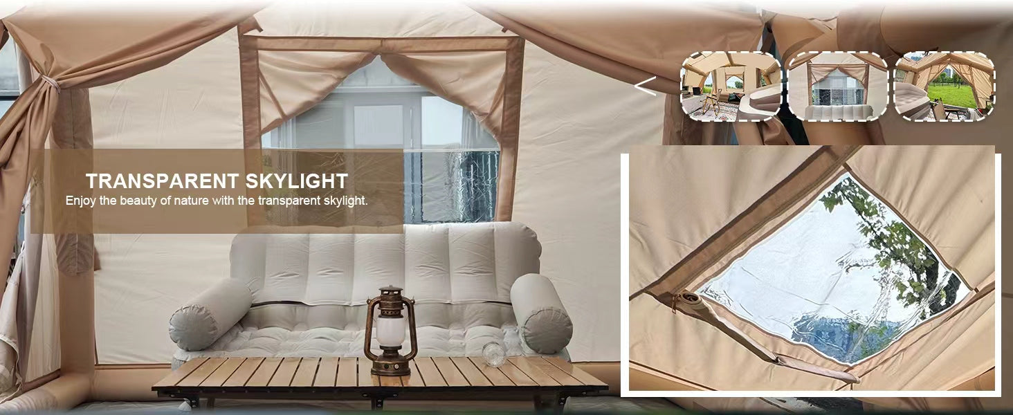 Enjoy nature via the Senleeto tent transparent skylight. Features a cozy inflatable sofa for premium glamping.