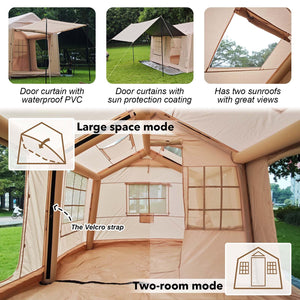 Senleeto inflatable tent details: waterproof doors, sun protection canopy, and clear sunroofs.