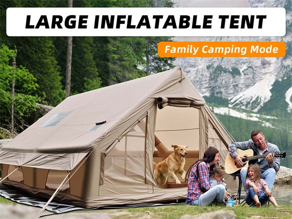 Inflatable camping tent without rainfly in mountain setting, spacious design for family outdoor camping experience