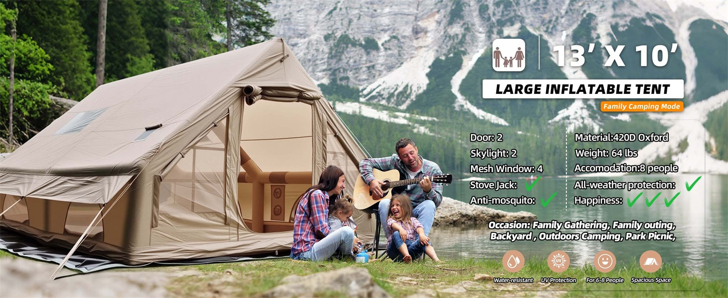 Inflatable camping tent without rainfly in mountain setting, spacious design for family outdoor camping experience