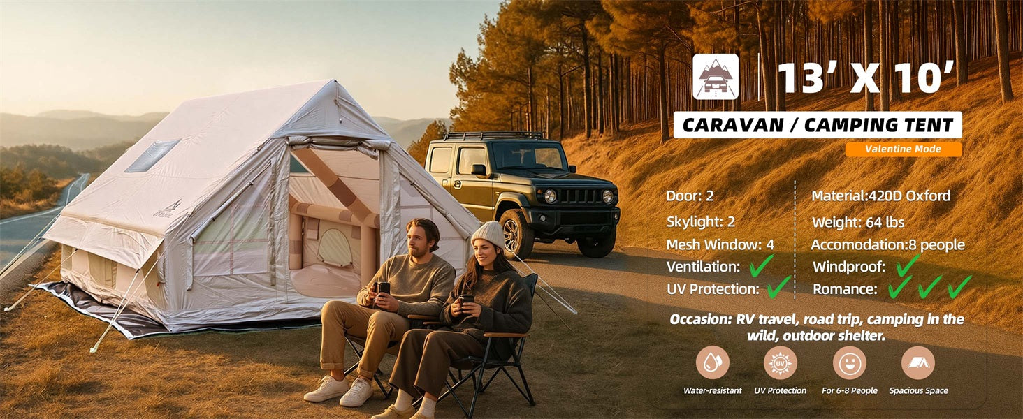 Inflatable camping tent without rainfly for road trip camping, easy setup and comfortable outdoor shelter
