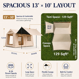 Dimensions of Senleeto tent: 157.5in long, 118.1in wide, and 86.6in tall.