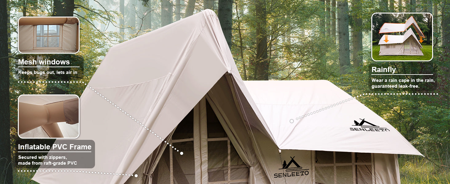 Senleeto large villa inflatable tent: raft-grade PVC frame, bug-proof mesh windows, and guaranteed leak-free rainfly.