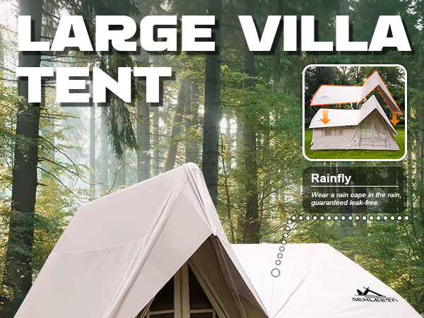 Senleeto large inflatable villa tent with waterproof rainfly in a forest.