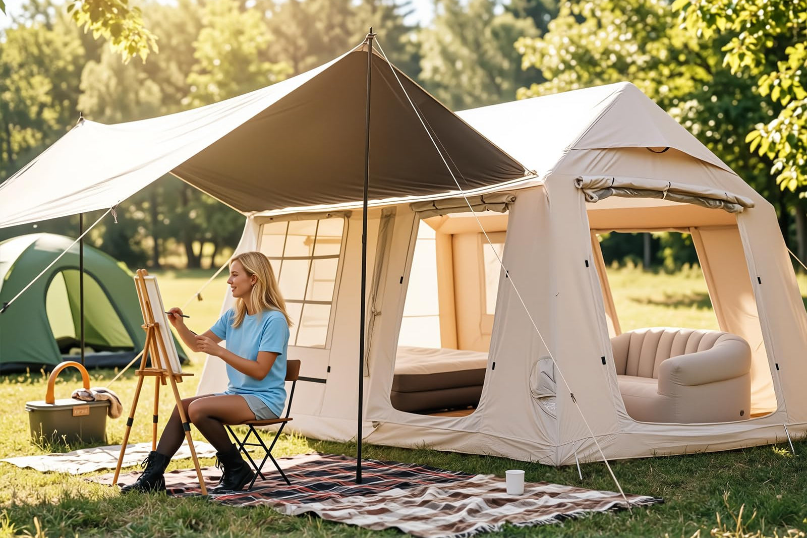 Large beige Senleeto inflatable cabin tent with an extended awning, featuring a woman painting in a sunny field.