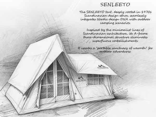 Senleeto A-frame tent design sketch: 1970s Scandinavian minimalism, creating a portable outdoor sanctuary.