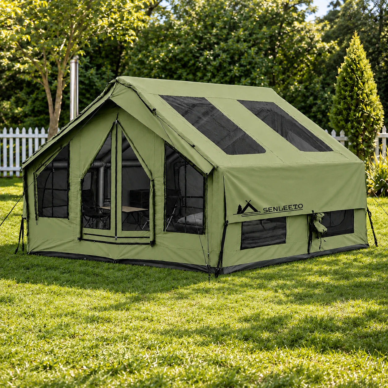 Senleeto olive green inflatable cabin tent with roof skylights and mesh windows on a sunlit garden lawn