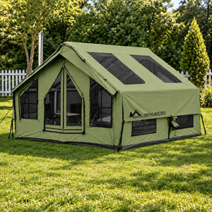 Senleeto olive green inflatable cabin tent with roof skylights and mesh windows on a sunlit garden lawn