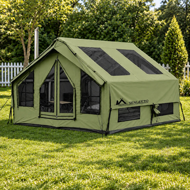 Senleeto olive green inflatable cabin tent with roof skylights and mesh windows on a sunlit garden lawn