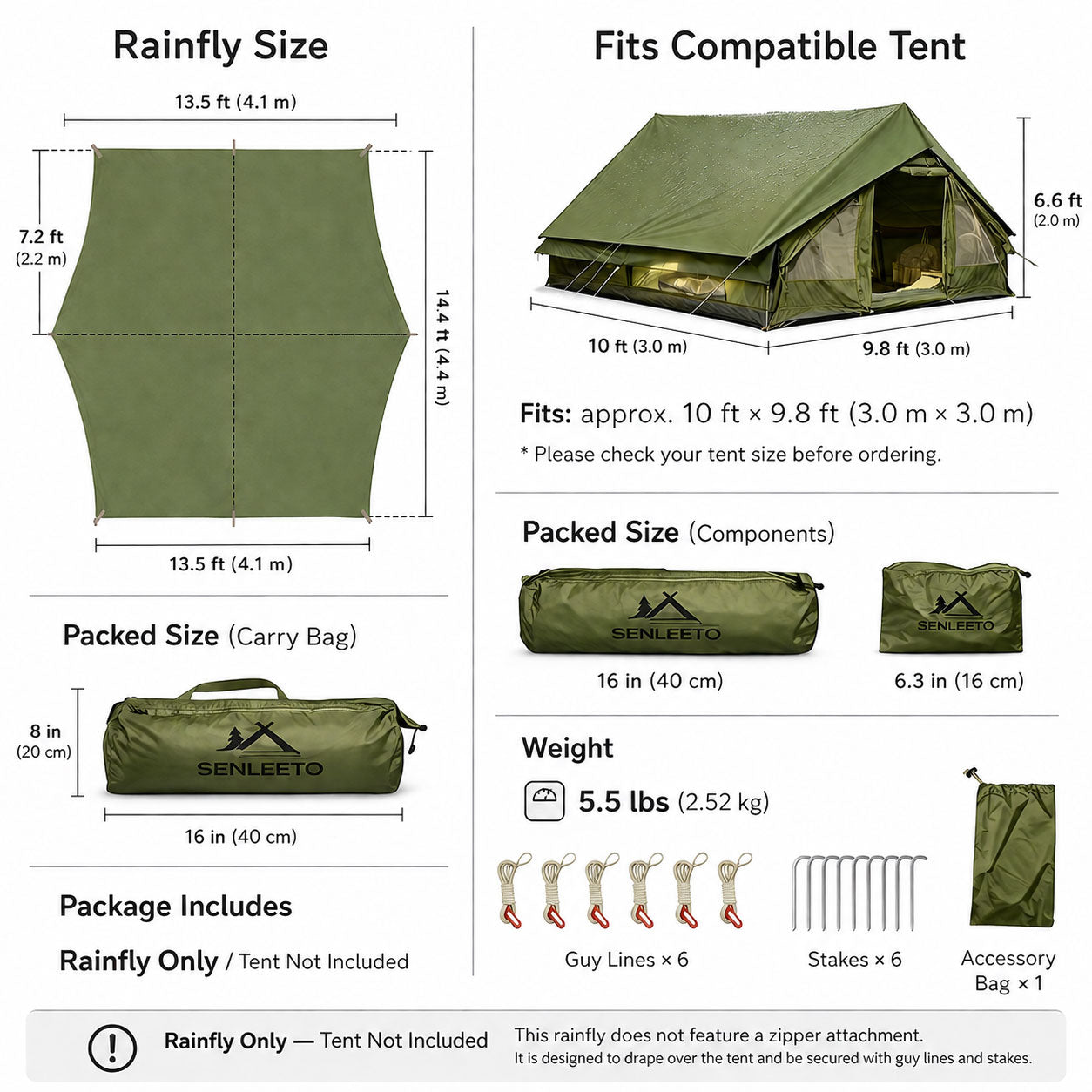 SENLEETO Universal Tent Rainfly Cover for Inflatable Camping Tents, 210D Oxford, Multiple Sizes, Rainfly Only