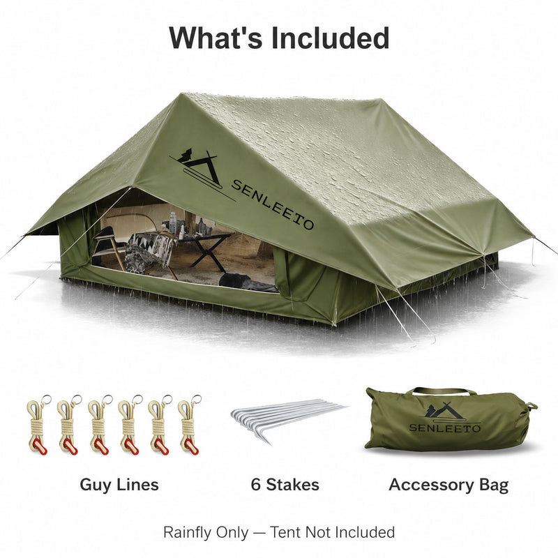 SENLEETO olive green tent rainfly cover with guy lines, stakes and accessory bag, tent not included
